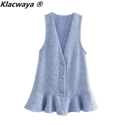 Klyacwaya Tweed Dress Winter Vintage V-Neck Sleeveless Elegant Dresses For Women 2021 Casual Ruffles Blue Mini Dress