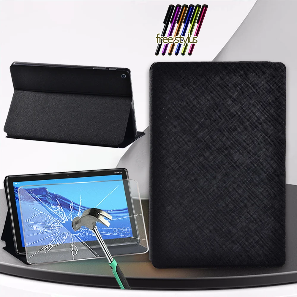 Case for Huawei MediaPad M5 Lite 10.1 Inch/M5 10.8 Inch Black PU Leather Stand Folio Cover + Tempered Glass Film + Free Stylus