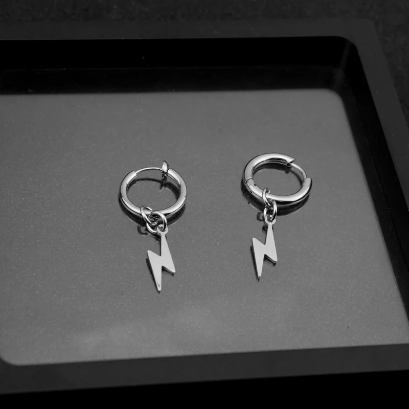 Lightning Shaped Stainless Steel Earrings Men's Ear Accessories Fashionable Wild Suspender punk Asymmetrical Men's Chain Earring