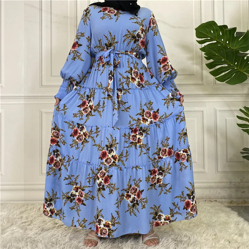 

2022 Spring Long Sleeve Abayas Floral Print Muslim Arabic Middle East Dubai Women Islamic Ramadan Maxi Robe Gown Malaysia Jilbab