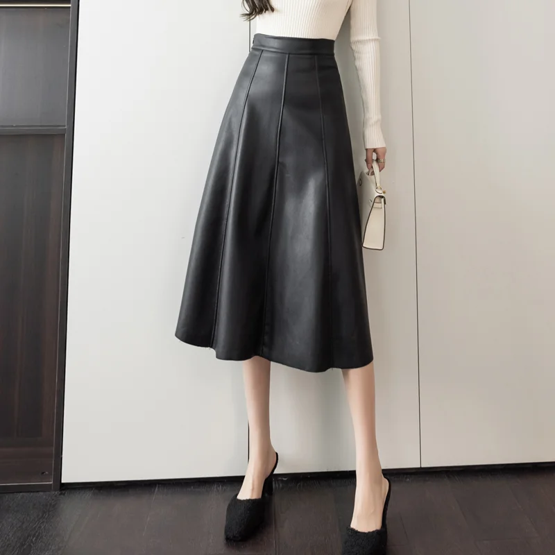 

A-line Leather Splicing High Waist Skirts For Women Office Elegant Mid-length Skirt Female Autumn Winter PU Umbrella Skirt