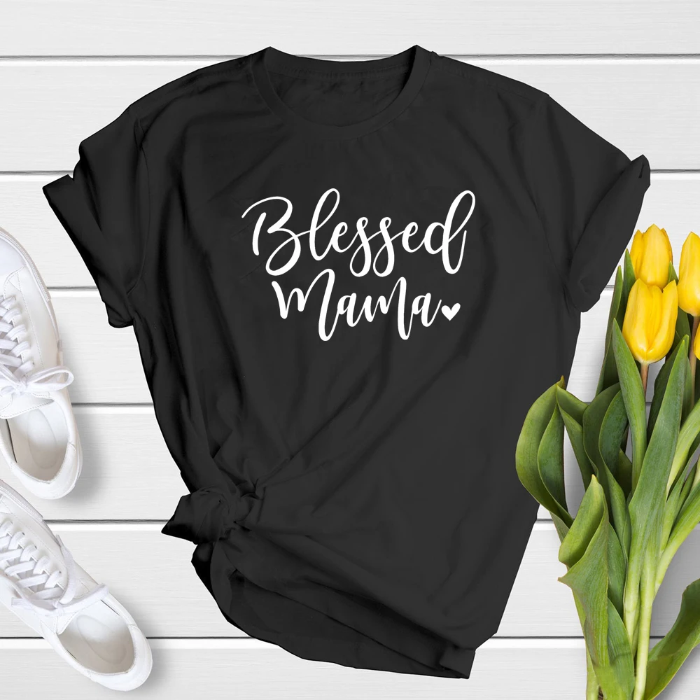 Blessed Mama Heart Print T-shirt Cute Women Christian Mom Life Tee Top Funny 90s Mother's Day Gift Tshirt For New Mom Drop Ship