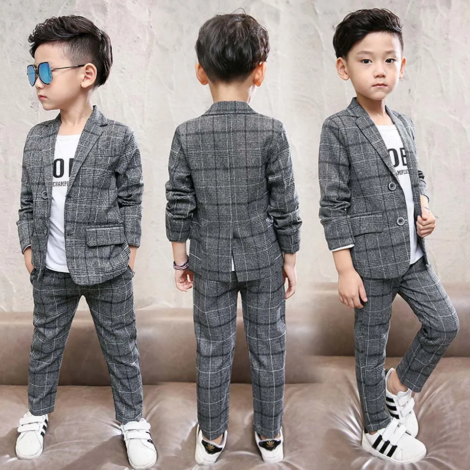 2024 new Autumn winter Baby Boys Clothes Set Plaid Gentleman Top jacket + Pants Outfits Suit Teenager 4 5 6 7 8 9 10 11 12 year