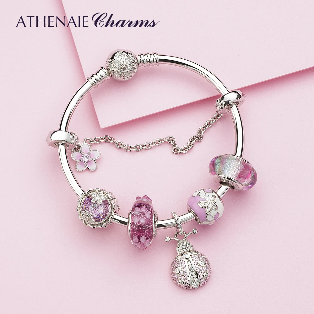 ATHENAIE Trendy 925 Sterling Silver Clear CZ Lucky Pink Ladybug Pendant Charms fit Women Bracelet Necklace DIY Jewelry Wihite
