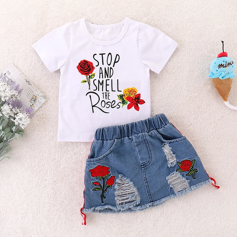 Kids Set Children\'s Clothes Suit Summer Flower Print Set Top+Denim Skirt 2Pcs Toddler Children Outfits Clothing Sets