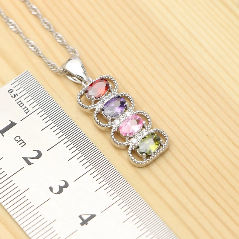 Silver 925 Jewelry Sets For Women Wedding Accessories Multicolor Cubic Zirconia Pendant Necklace Ring Stud Earrings
