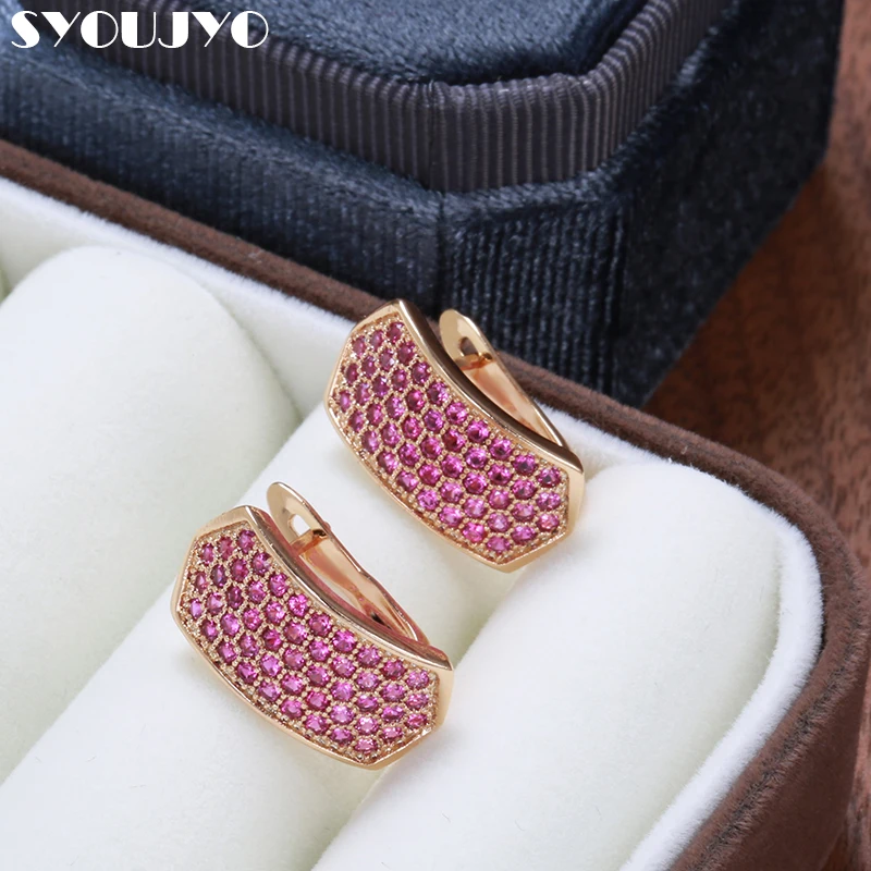 SYOUJYO New Garnet Natural Zircon Paved Earrings for Women 585 Rose Gold Color Fashion Crystal Flower Bride Wedding Jewelry Gift