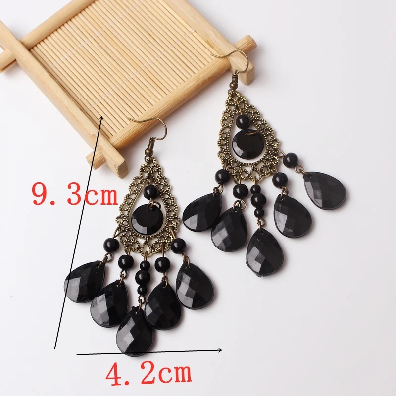 European and American Bohemian Black Retro Ethnic Style Carved Beads Hollow Long Fringe Drop Earrings for Women Wedding Jewelry