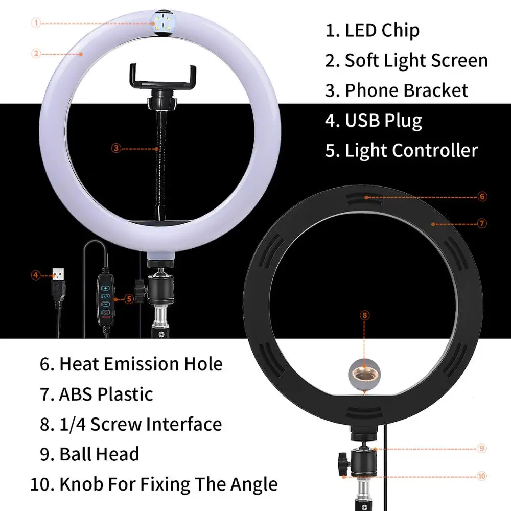 Fusitu-LED selfie Ring Light, 10 ", Fotografia, LED, Flash, Lâmpada, Vídeo, Regulável, Tripé, Suporte do telefone, YouTube