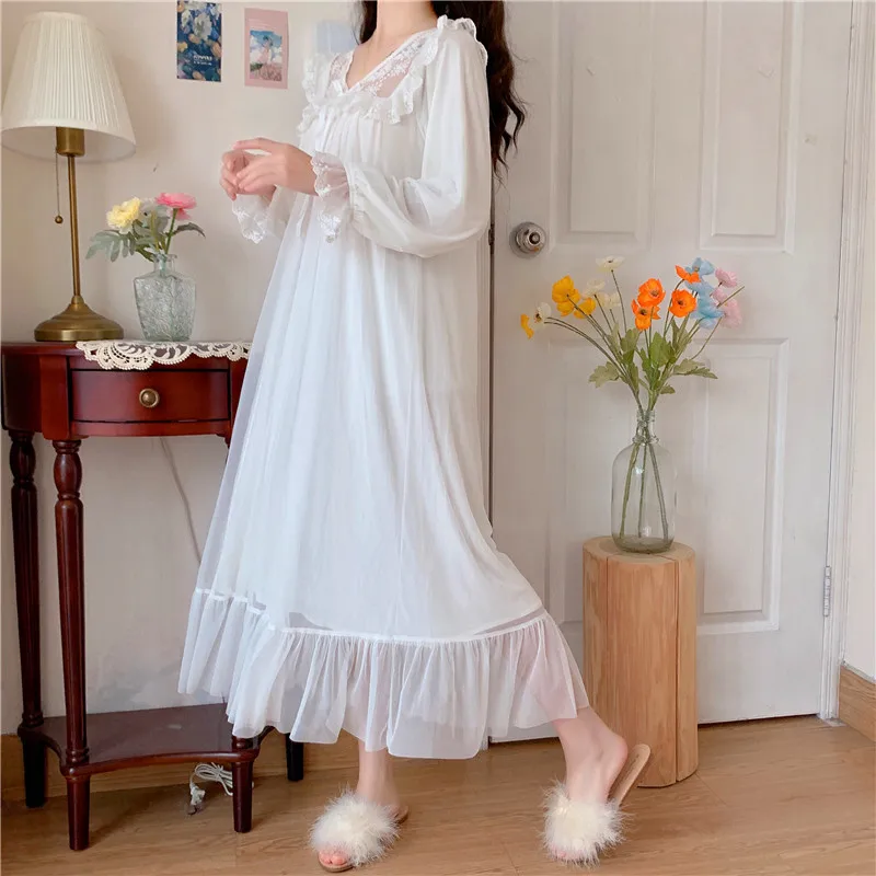 White Embroidery Lace Night Dress Women Lolita Sleepwear Princess Ladies Victorian Vintage Nightgowns Peignoirs Girl Lounge Wear