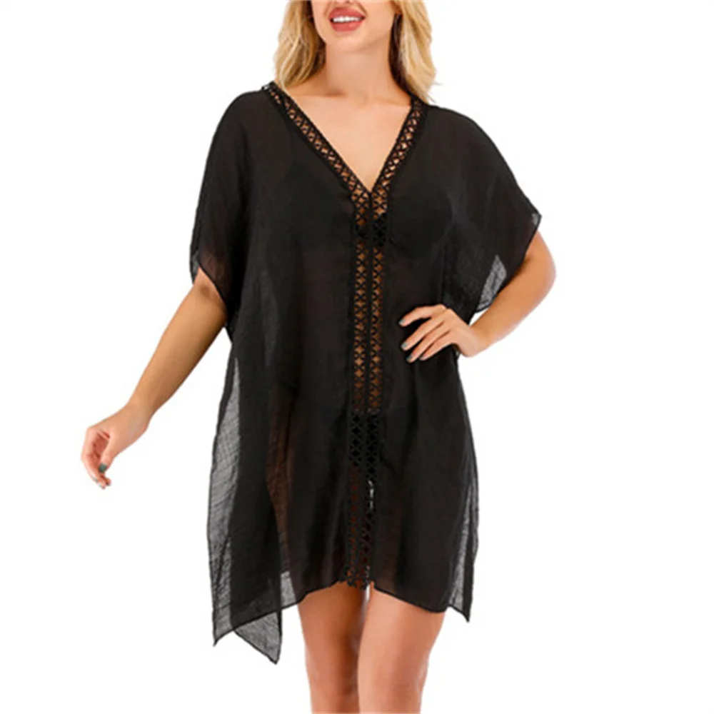 2021 Chiffon Gauze Hollow Beach Wear Women Swimsuit Cover Up Swimwear Bathing Suits Summer Mini Dress Loose Solid Pareo Cover Up