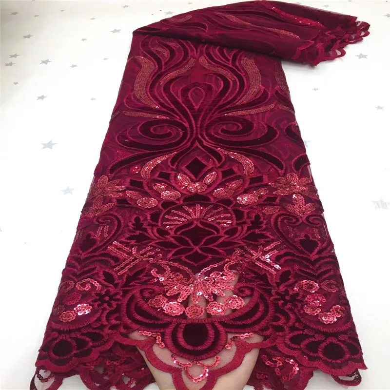 Wine Velvet Lace Fabric 2021 High Quality African French Lace Fabric with Sequins African French Net Lace For Sewing Y98-16