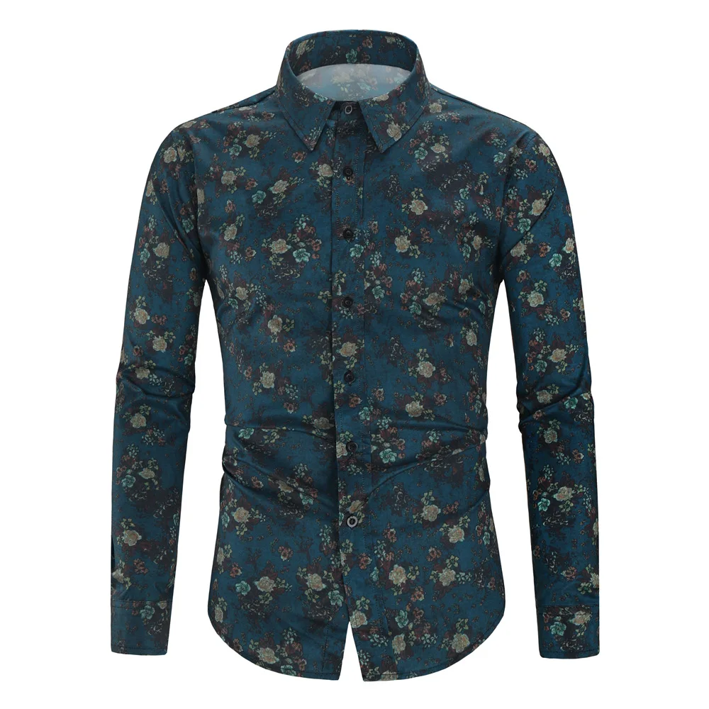 Men's Long-Sleeved Shirt Lapel Single-Breasted Retro Printed Cotton Polyester Blended Flowers Slim Fit Male For Casual Shirt