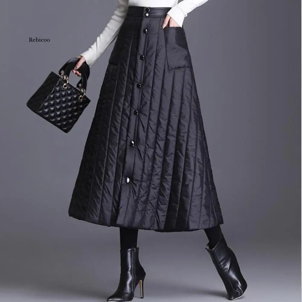 Women\'s Skirts Thick Warm Duck Down Long Winter Skirts Black High Street Single-Breasted Buttons One-Piece Wrap Skirt Female