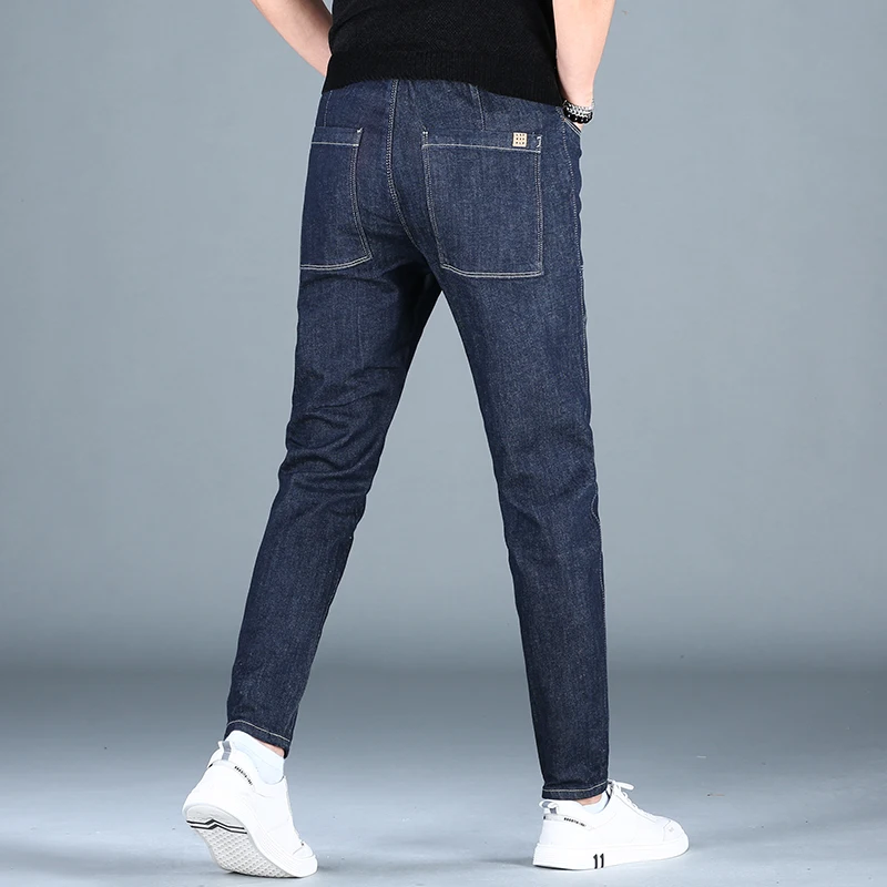 Fashion Summer Blue Jeans Men Korean Style Slim Fit Pencil Pants Patchwork Stretch Denim Trousers