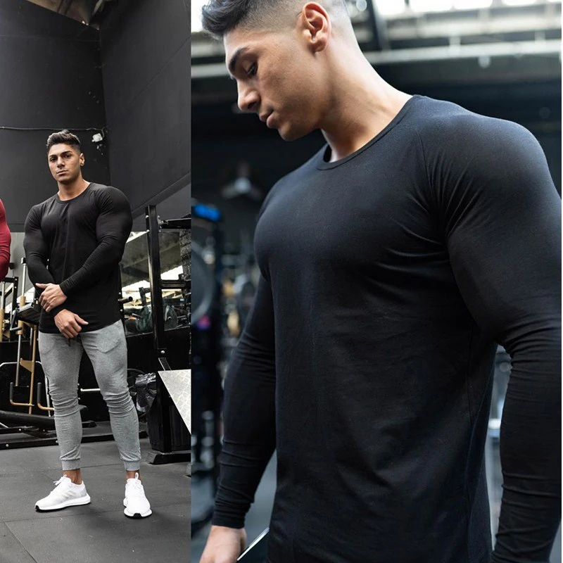 Spring Cotton Solid Fitness Long Sleeve T Shirt Men Autumn Slim Fit Sports T-Shirt Man O-neck Gym Tee Shirt Bodybuilding Tshirt