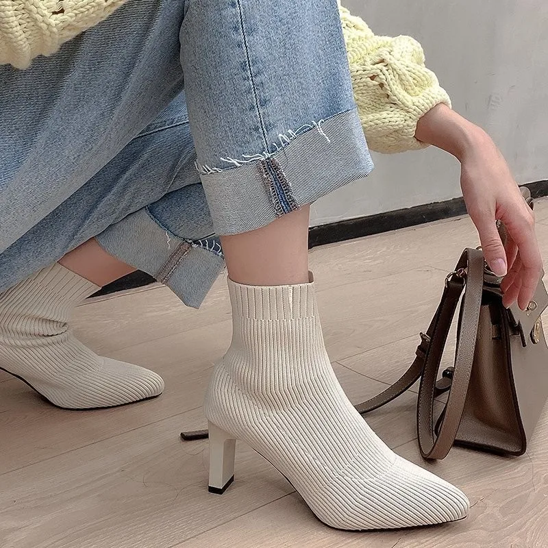 2020 Fashion Women Boots Beige Pointed Toe Yarn Elastic Ankle Boots Thick Heels Shoes Autumn Winter Female Socks Boots