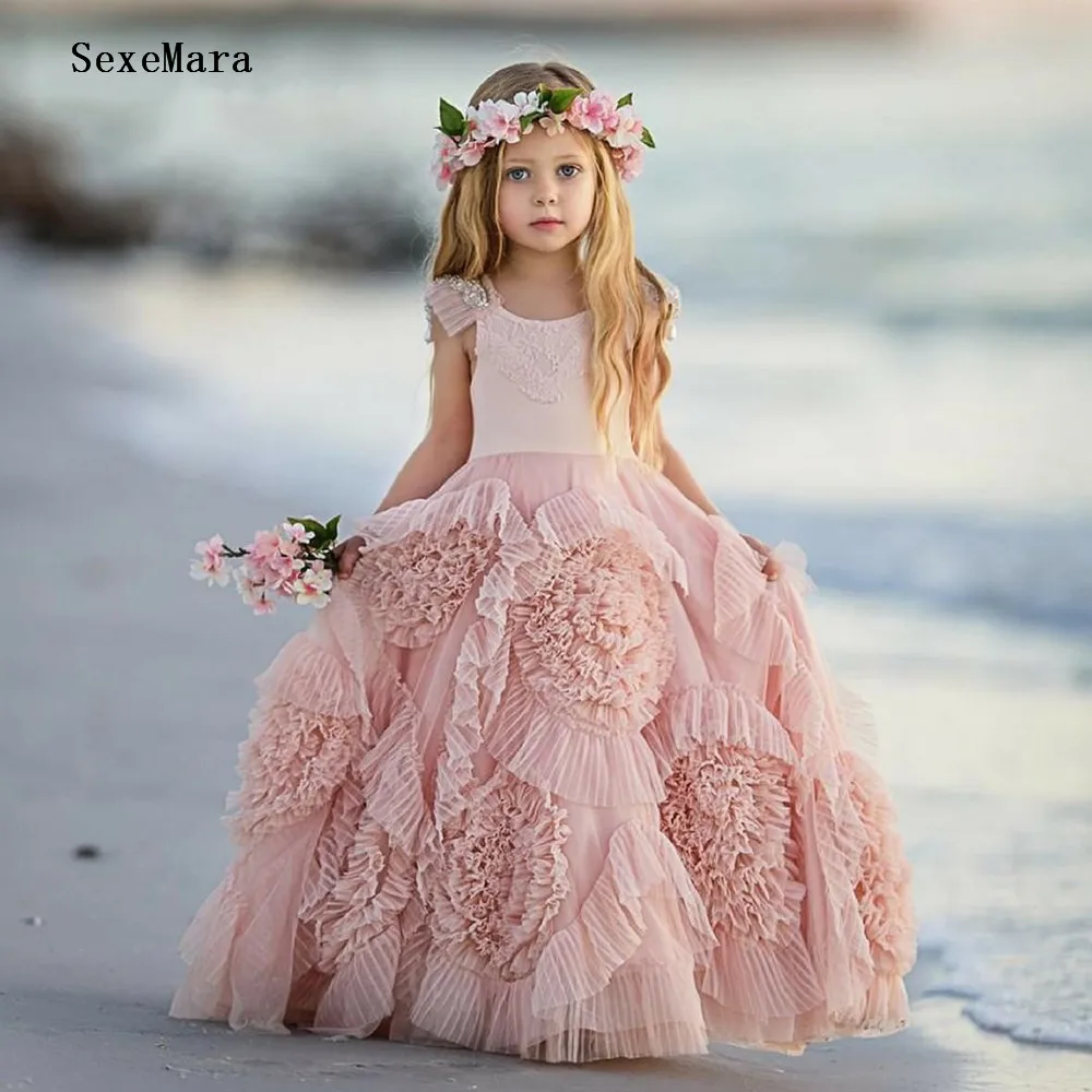 Pink Flower Girls Dresses For Wedding Lace Applique Ruffles Kids Formal Wear Sleeveless Long Beach Girls Pageant Gown