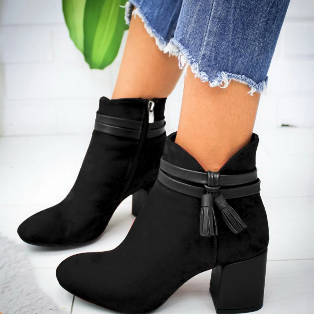 2020 Red Tassel Ankle Shoes  Women's Shoes Single Boots Autumn Winter Pointed Toe Thick With Short Boots 968