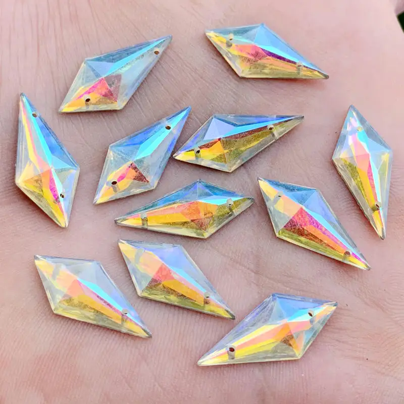 DIY 25pcs 10*22mm Sewing AB Crystals Flat Back Rhinestones Sew On Stones Appliques Acrylic Gems Rhombus Fancy Crystal Strass