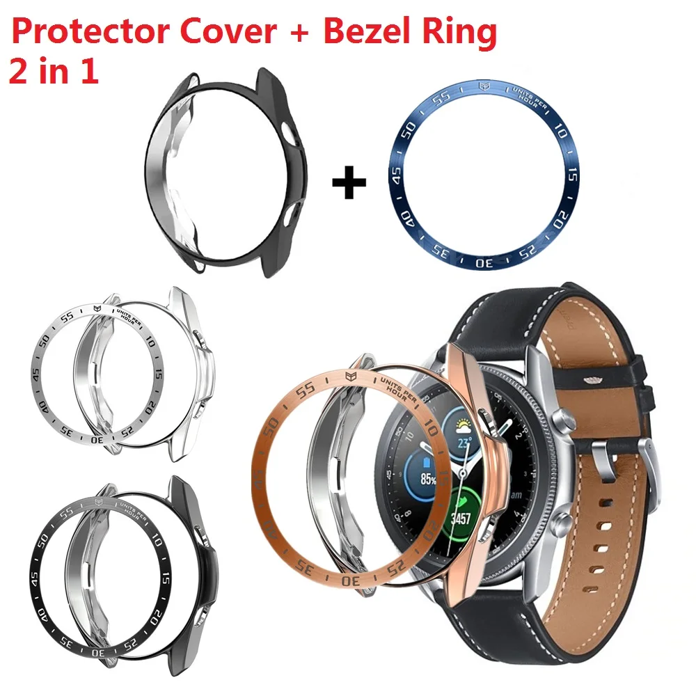 2in1 Bezel Ring + Case For Samsung Galaxy Watch 3 41mm 45mm TPU Protector Cover Anti-Scratch Stainless Steel Decorative Frame