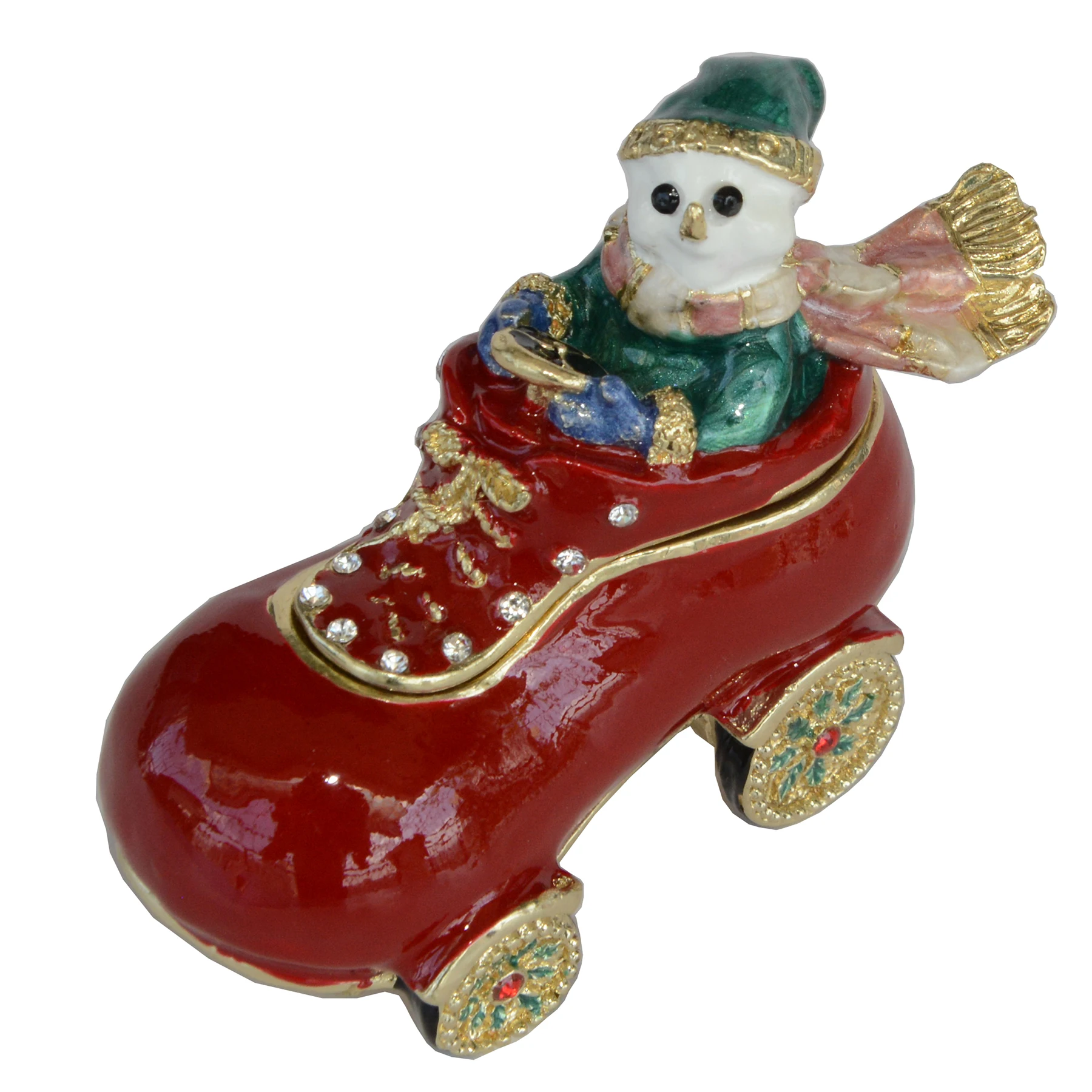 Snowman in a Shoe Jeweled Trinket Box with Crystals Enameled Treasure Box Collectible Gifts X'mas Presents