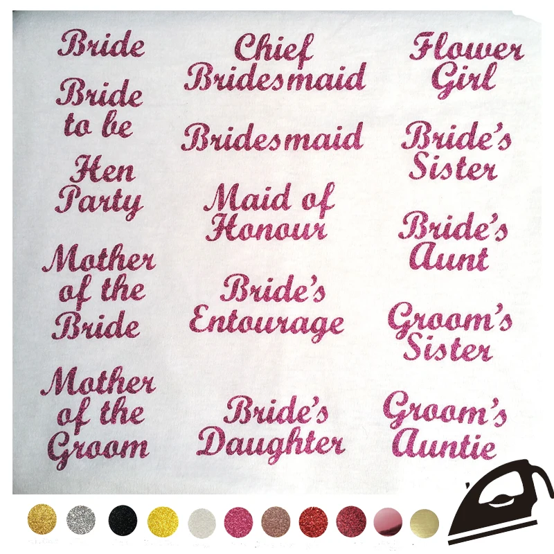 Wedding Role Bridesmaid Transfer Iron On T Shirt Hen Party DIY Fuschia Pink Glitter Letter Patch Custom Hotfix Vinyl Sticker