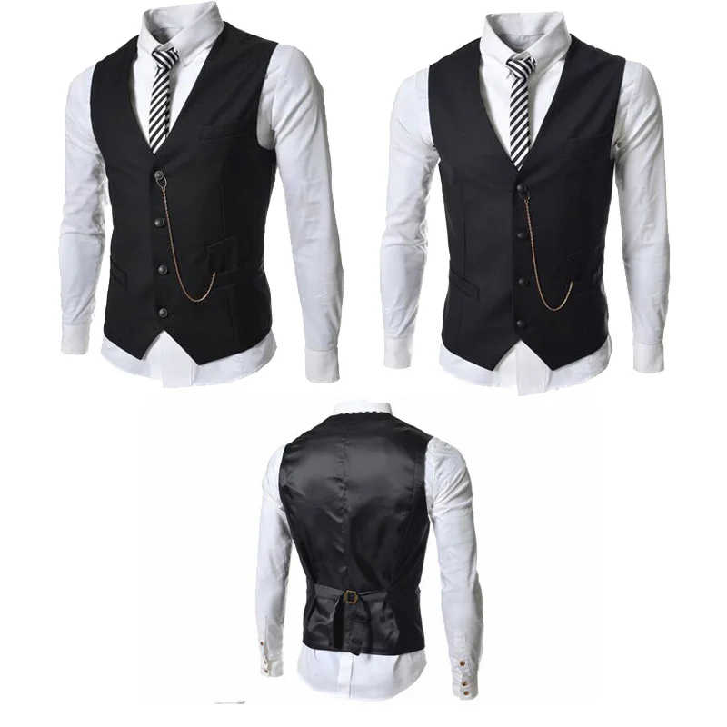 Retro Black Vest Mens Solid Chain Decoration Single Breasted Men Vests Victorian Vintage Slim Waistcoat Men Casual Vest