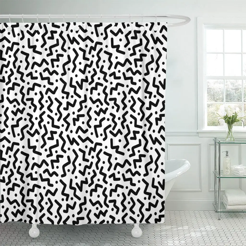 Zigzag and Dots Black White Memphis Pattern 80S 90S Shower Curtain Waterproof Polyester 60 x 72 inches Set with Hooks