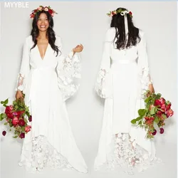 Customized V-Neck Beach Boho Wedding Dresses Bohemian Hippie Style Deep Long Sleeves Lace Flower Country Bridal Gowns
