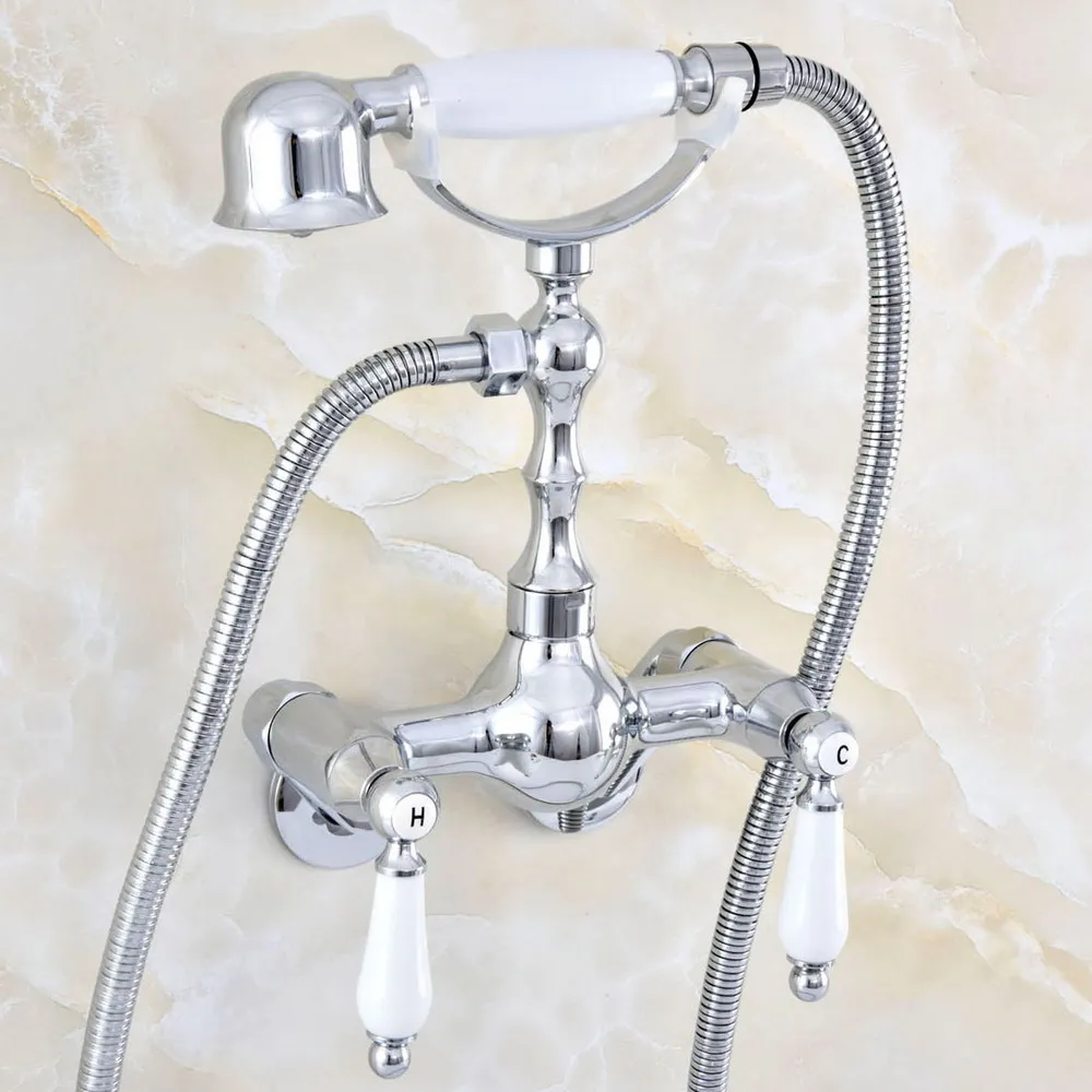 

Polished Chrome Brass Adjusts From 3-3/8" Wall Mount Bathtub Faucet with Handheld Shower Set +1.5M Hose Mixer Tap 2qg424