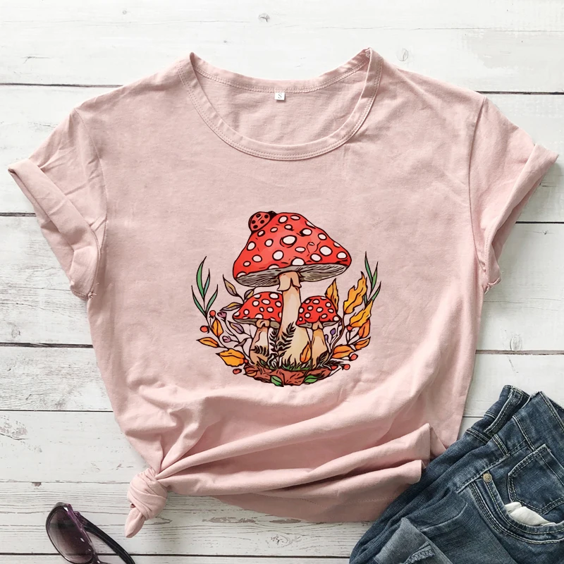 Colored Wild Mushroom 100% Cotton T-shirt Aesthetic Mycology Plant Tshirt Women Cottagecore Vegan Top Tee Shirt