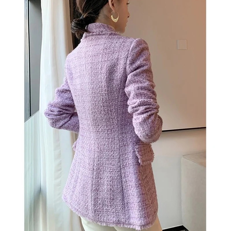 Purple Blazer Women’s Tweed Slim Double Breasted Design Autumn Winter Coat High-End Elegant Korean Fashion Female Wool Jackets