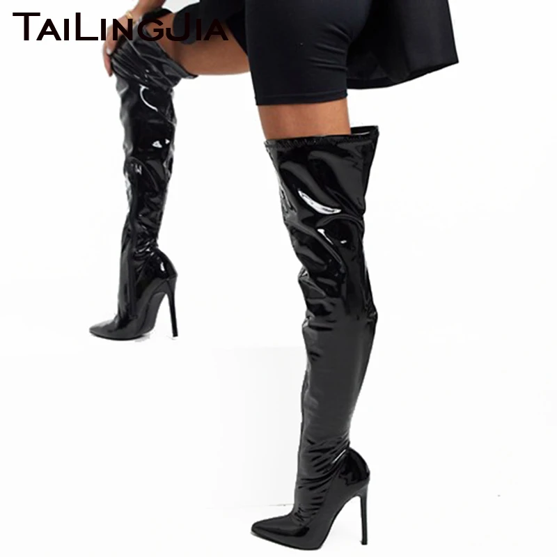 Black Patent Leather Thigh High Boots for Women 2024 Over the Knee Boot Stiletto High Heel Large Size Long Boot Winter Shoes