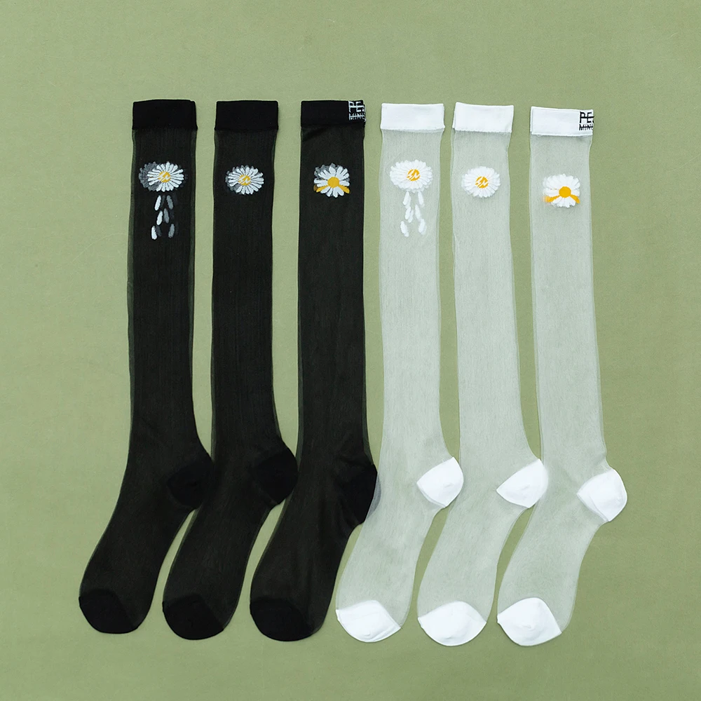 Women's Socks And Knee Tube Transparent Glass Fiber Spring And Summer Nylon Ultra-Thin Cute Daisy Breathable Cotton Stockings