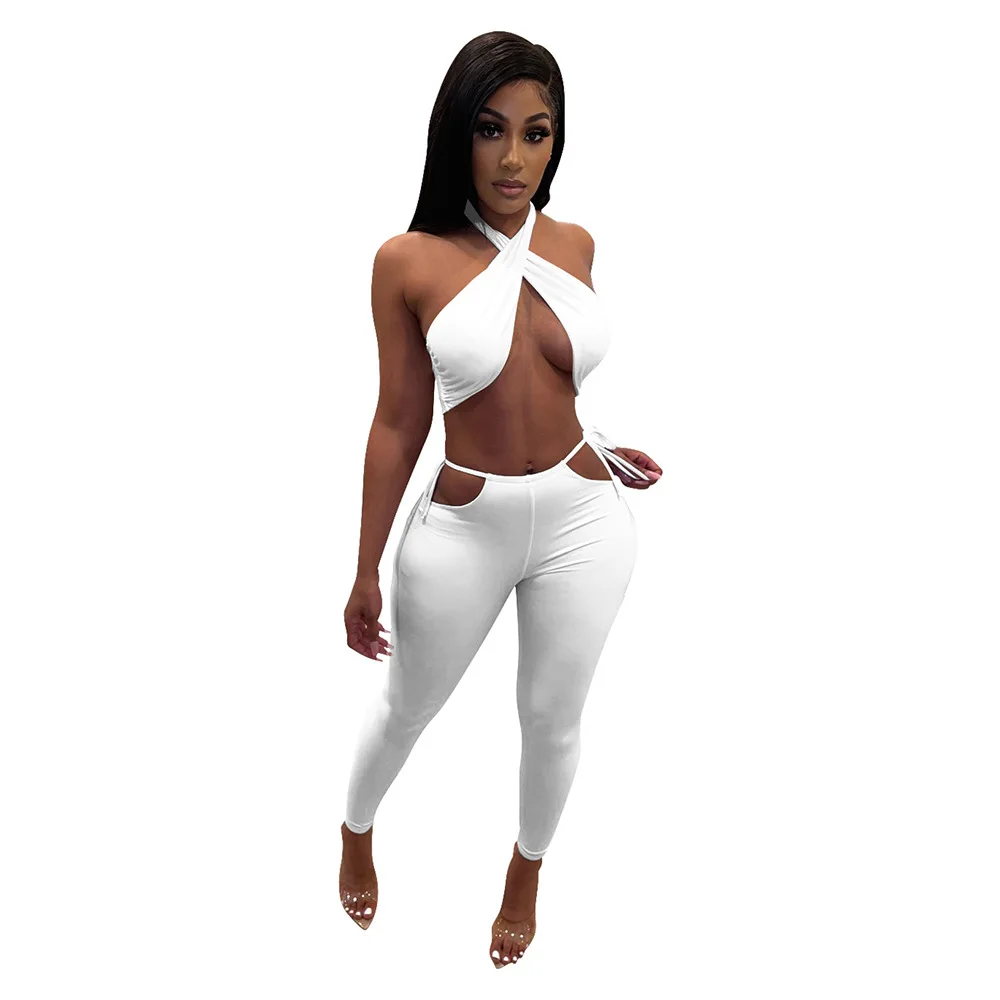 Sexy Summer Two Piece Set Women Solid Cross Halter Backless Bra Tank Tops Legging Pant Party Club Matching Set Outfit Tracksuit