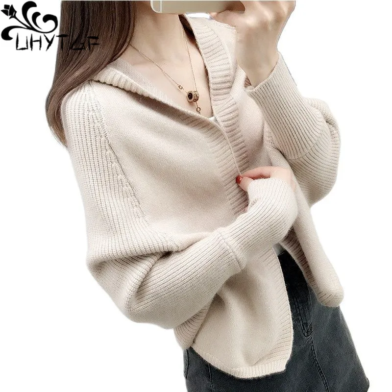 

Женский вязаный кардиган UHYTGF на весну и осень, свитер, куртка с капюшоном и рукавом «летучая мышь», короткое пальто, Женский Повседневный Свободный теплый свитер, 1886