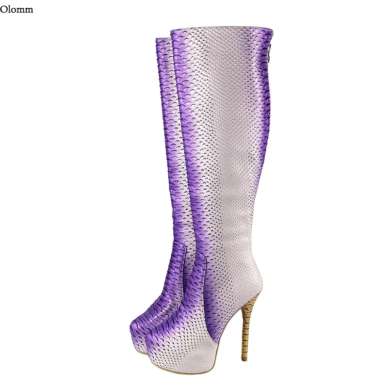 

Olomm Women Winter Platform Knee High Boots Sexy Thin High Heels Round Toe Gorgeous Purple Club Shoes Women Plus US Size 5-20