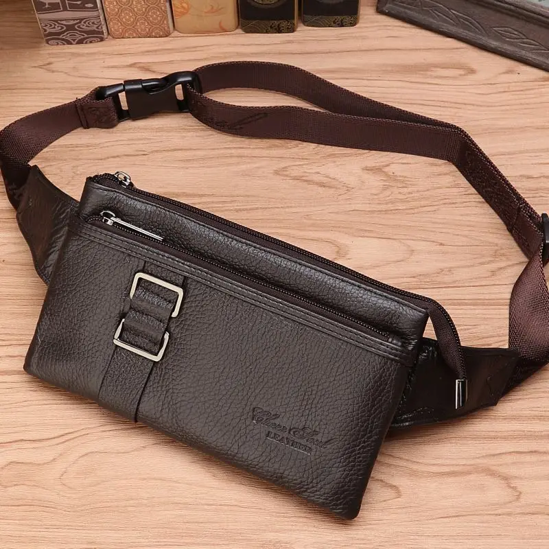 Natural Skin Male Chest Funny Pack Belt Bag Cell/Mobile Phone Pouch Thin Purse Money Travel Pouch Men Genuine Leather Waist Bag