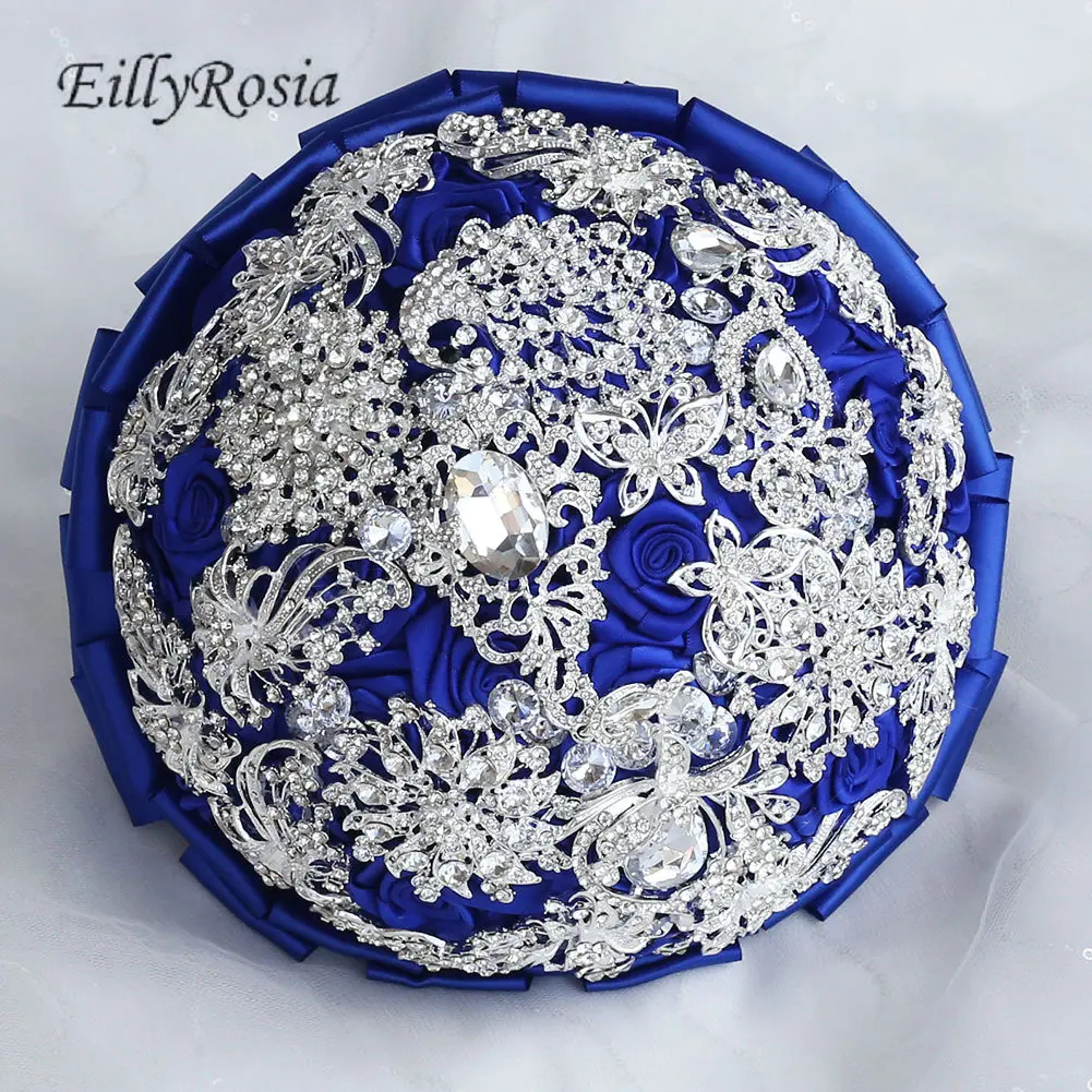 Eillyrosia buquê de noiva azul real, joia de cetim, flores de seda, customizado, cor elegante, buquê de casamento para dama de honra