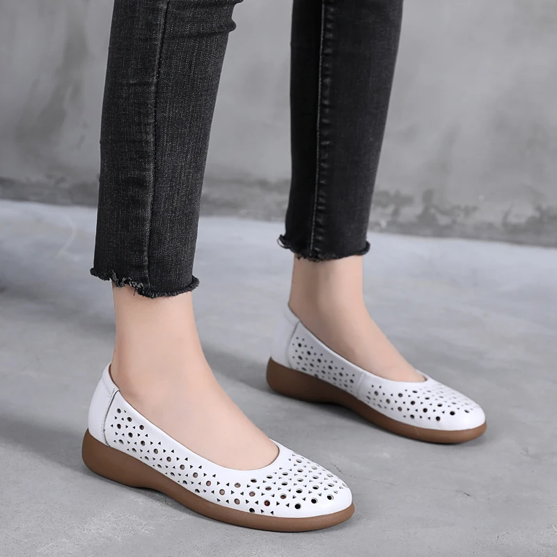 GKTINOO White Genuine Leather Ladies Breathable Summer Shoes Women Flats Slip-On Loafers Round Toe Soft Flat Shoes Casual