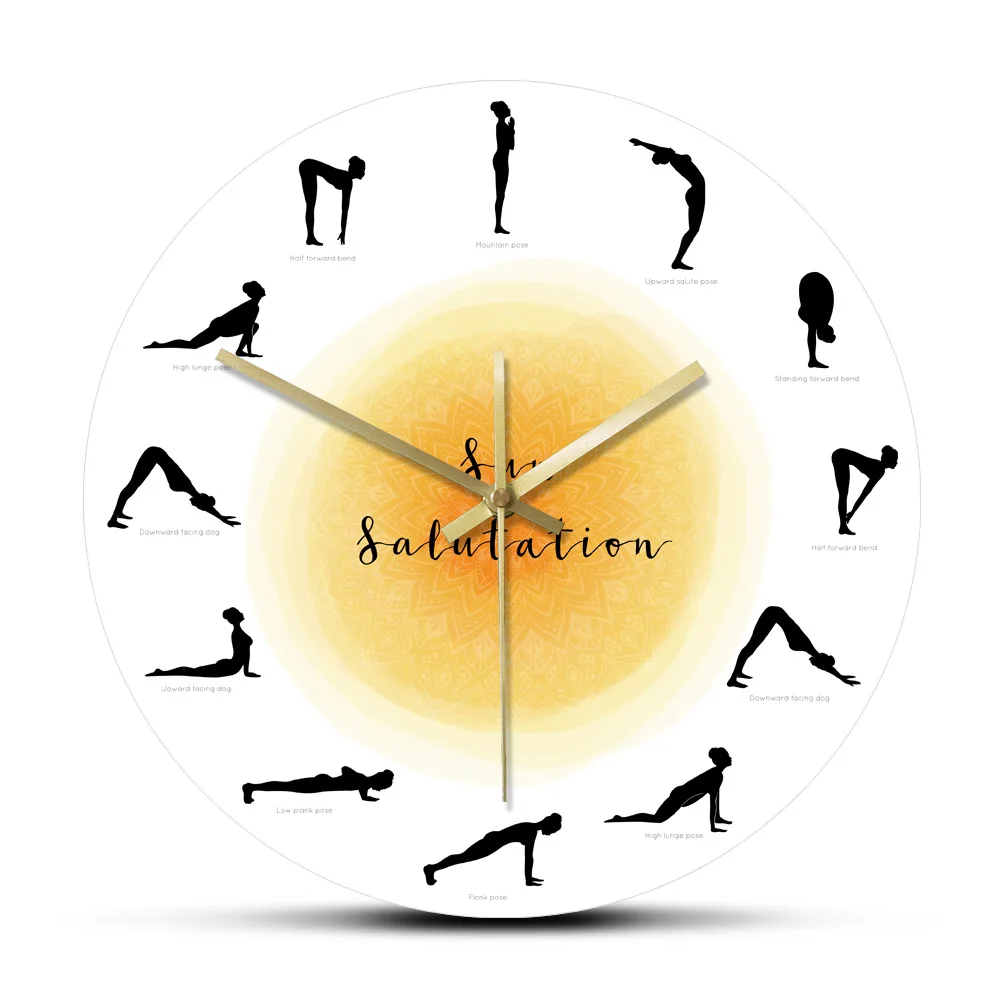 Surya Namaskar Sequence Yoga Pose Silhouette Wall Clock Non ticking Sun Salutation Wall Clock Yoga Studio Decor Gift For Yogis