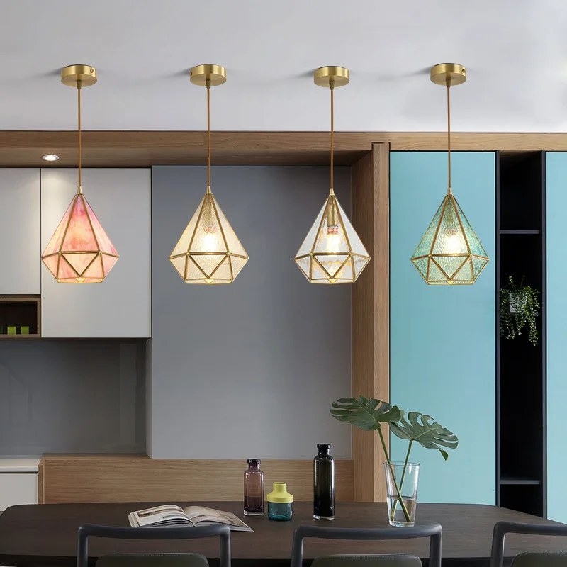 

American E14 Pendant Lights for Home LED Geometric Glass Living Room Chandelier Kitchen Bedroom Lamp Corridor Hanging Lighting