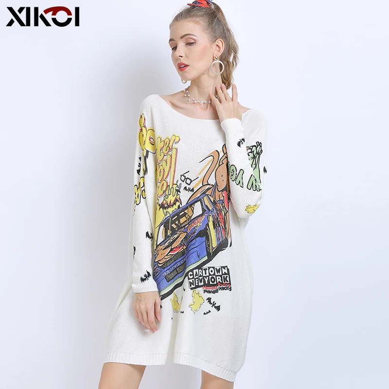 XIKOI Wool Oversized Sweaters For Women Winter Long Pullover Dresses Naughty Dog Print Jumper Casual Knitted Sweaters Pull Femme