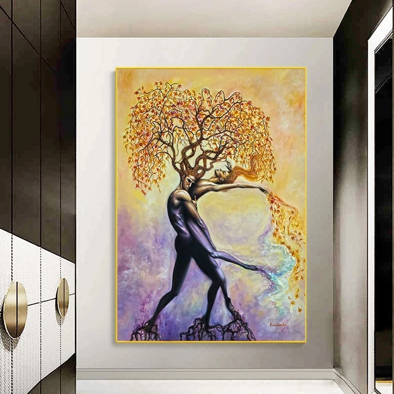 Abstract Man Embracing Woman Tree Canvas Painting Posters and Prints Modern Wall Art Pictures for Living Room Decor