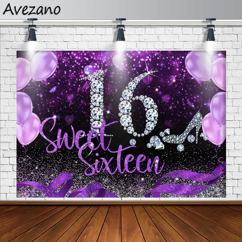 

Avezano 16th Birthday Photography Backdrops Sweet Purple Balloon High Heels Girl Party Banner Background Photo Studio Photozone