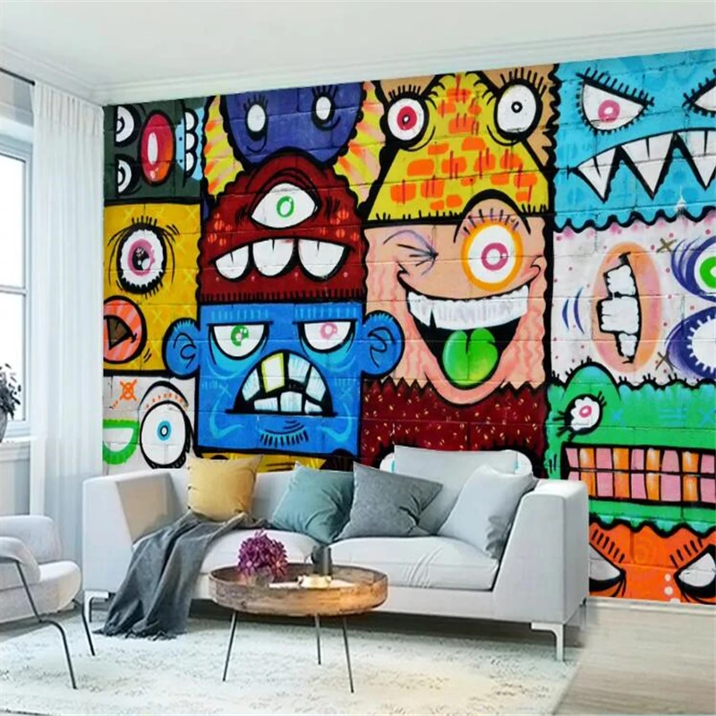 

wellyu Custom wallpaper papel de parede Contrast color graffiti face cartoon creative trend tooling wall tapeta papel parede