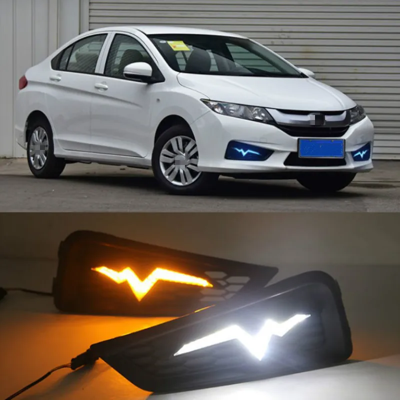 1 Set For Honda City 2015 2016 DRL Daytime Running Lights Daylight 12V ABS Fog Lamp Cover With Turn Yellow Signal Light