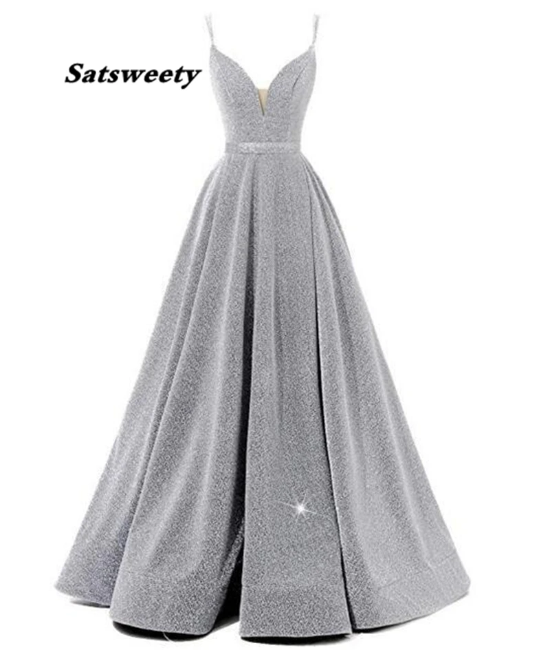 Beading Prom Dresses Long V Neck Light Gray High Split Tulle Sweep Train Sleeveless Evening Gown A-Line Backless Vestido De