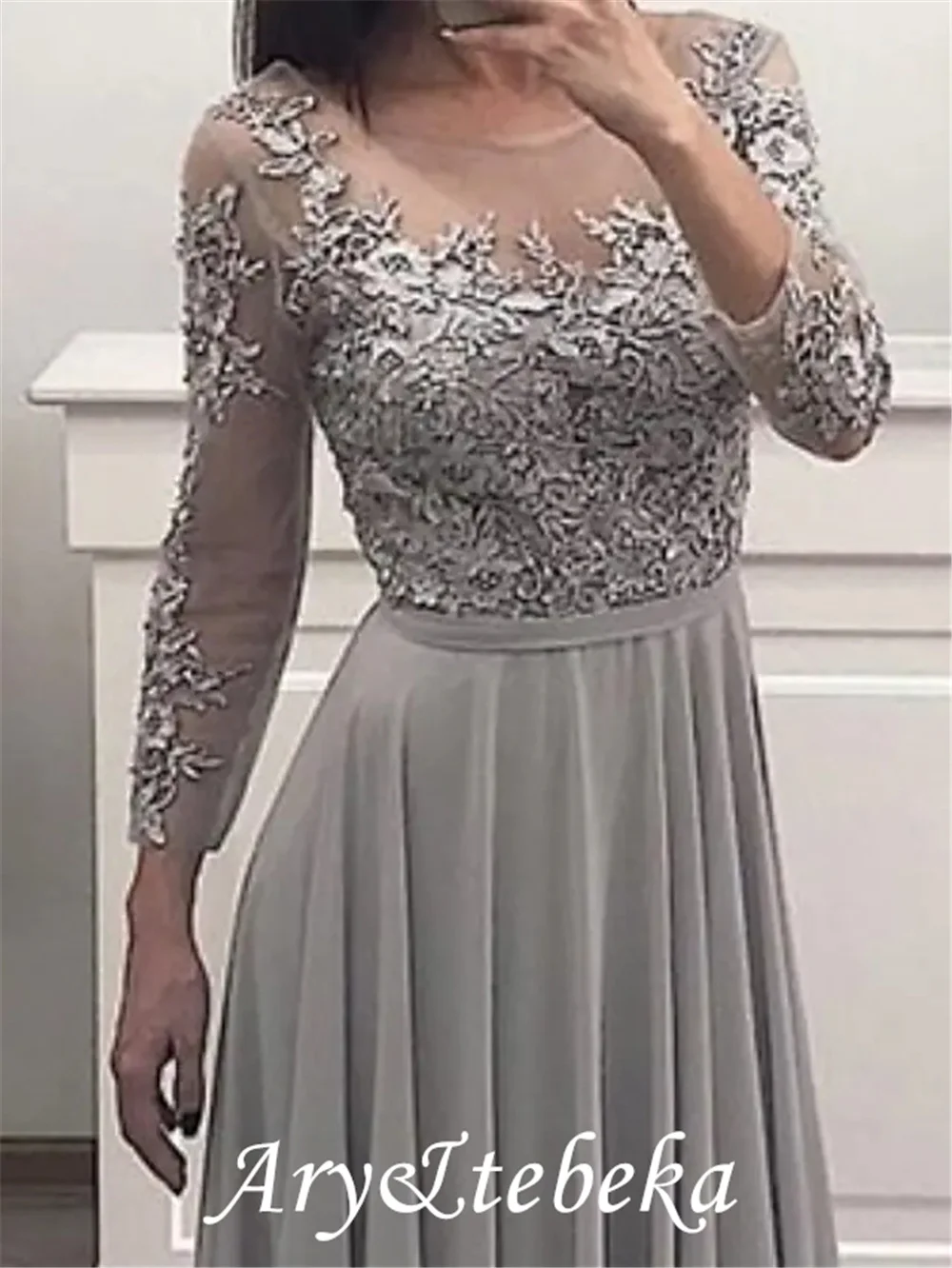 Linha a vestido de noite formal de noivado floral elegante ilusão pescoço longo manga até o chão chiffon renda com pregas apliques